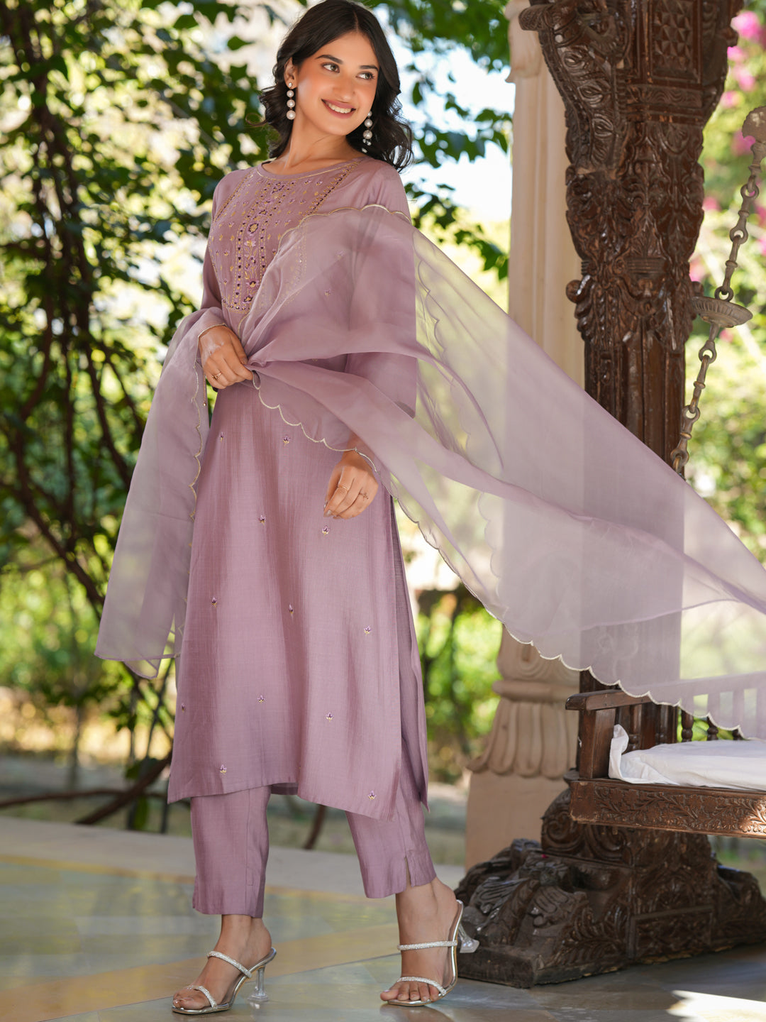 Naari By Shree Women's Lavender Silk Blend Embroidered Straight Kurta Set