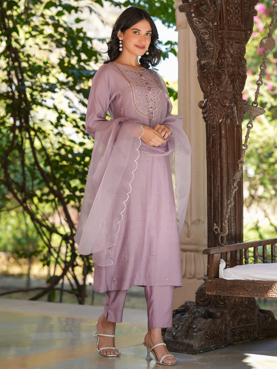 Naari By Shree Women's Lavender Silk Blend Embroidered Straight Kurta Set