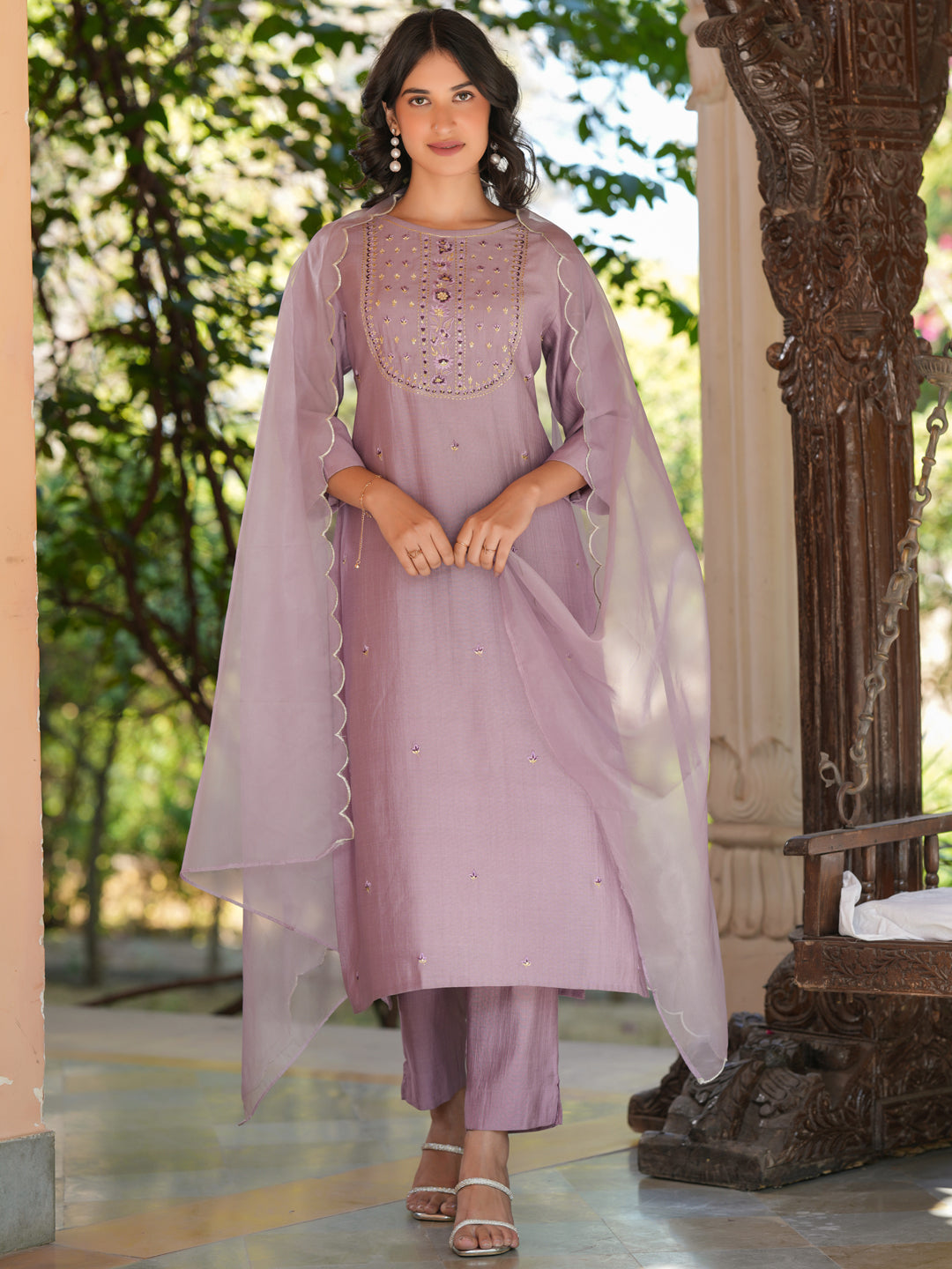 Naari By Shree Women's Lavender Silk Blend Embroidered Straight Kurta Set
