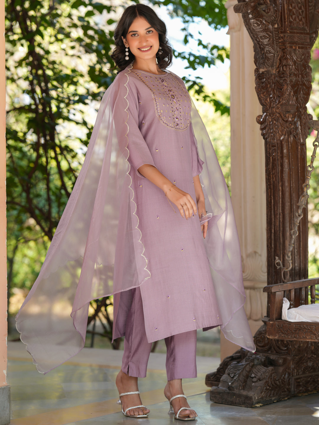 Naari By Shree Women's Lavender Silk Blend Embroidered Straight Kurta Set