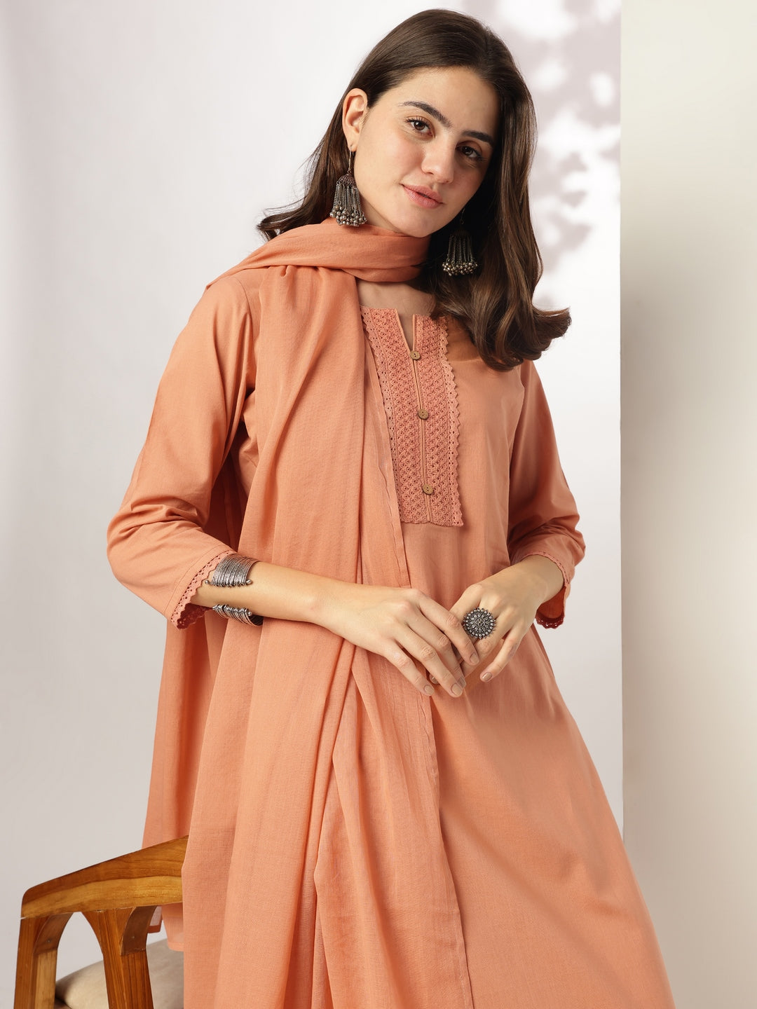 Naari By Shree Rust Pure Cotton Solid Straight Kurta Set