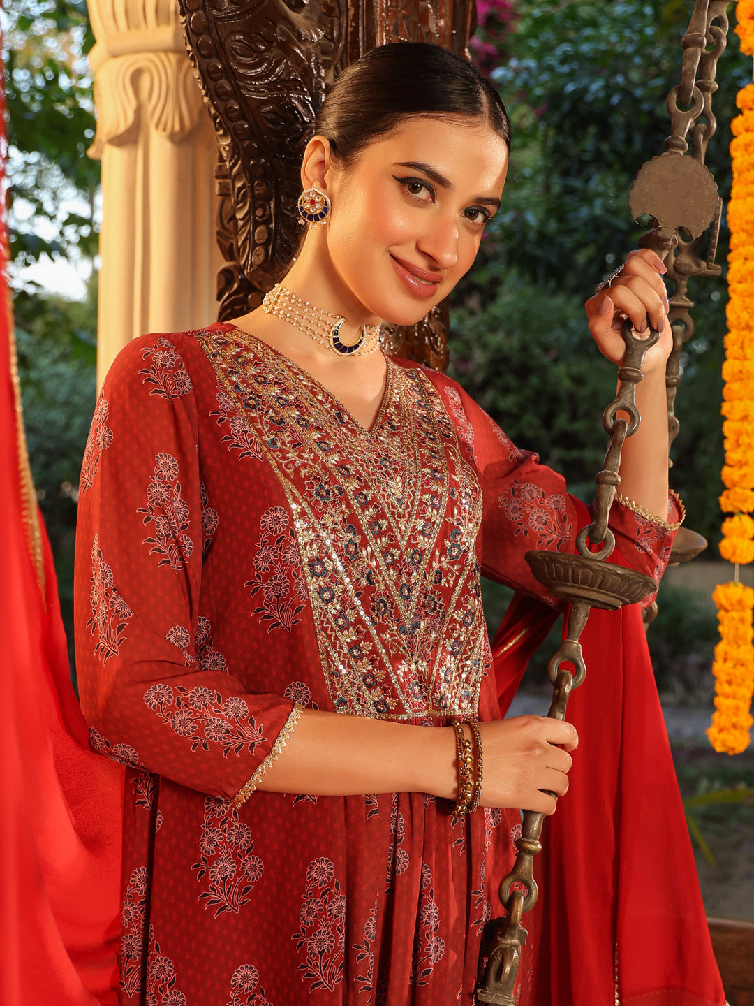 Naari By Shree Women's Maroon Georgette Yoke Embroidered Ajrakh Printed A line Kurta Set