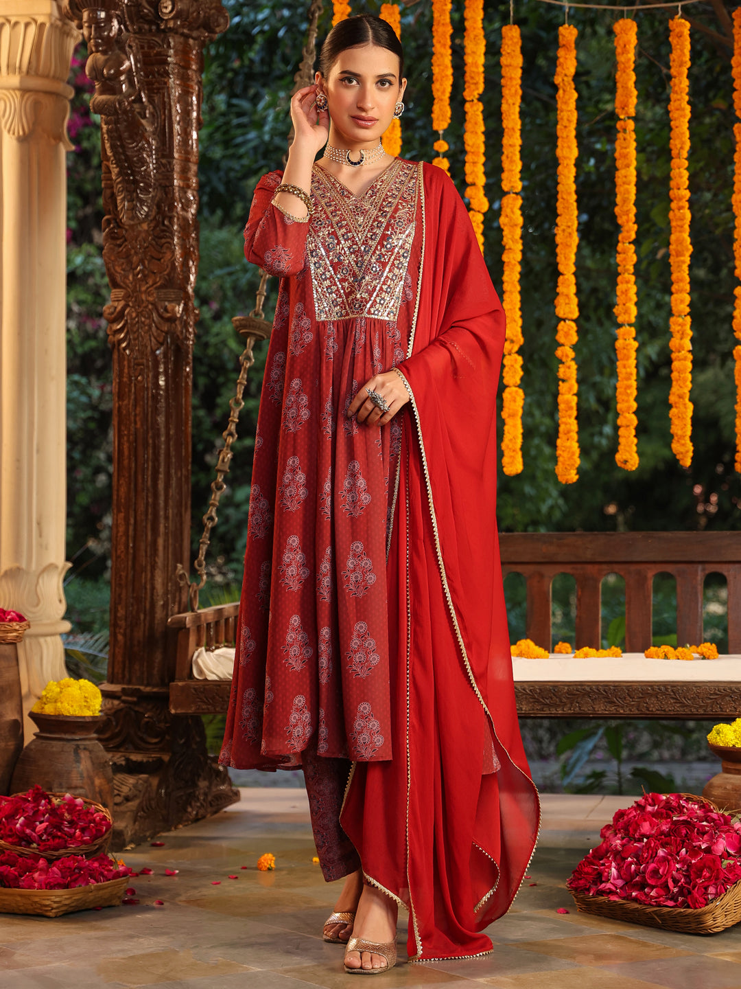 Naari By Shree Women's Maroon Georgette Yoke Embroidered Ajrakh Printed A line Kurta Set