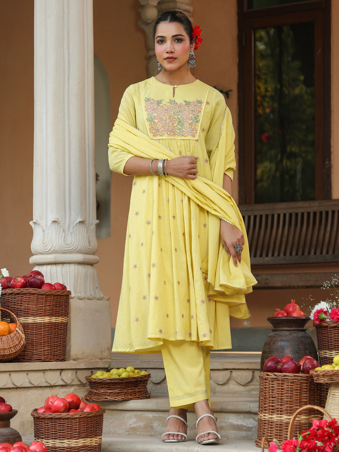 Naari By Shree Women's Yellow Pure Cotton Embroidered A-line Kurta Set