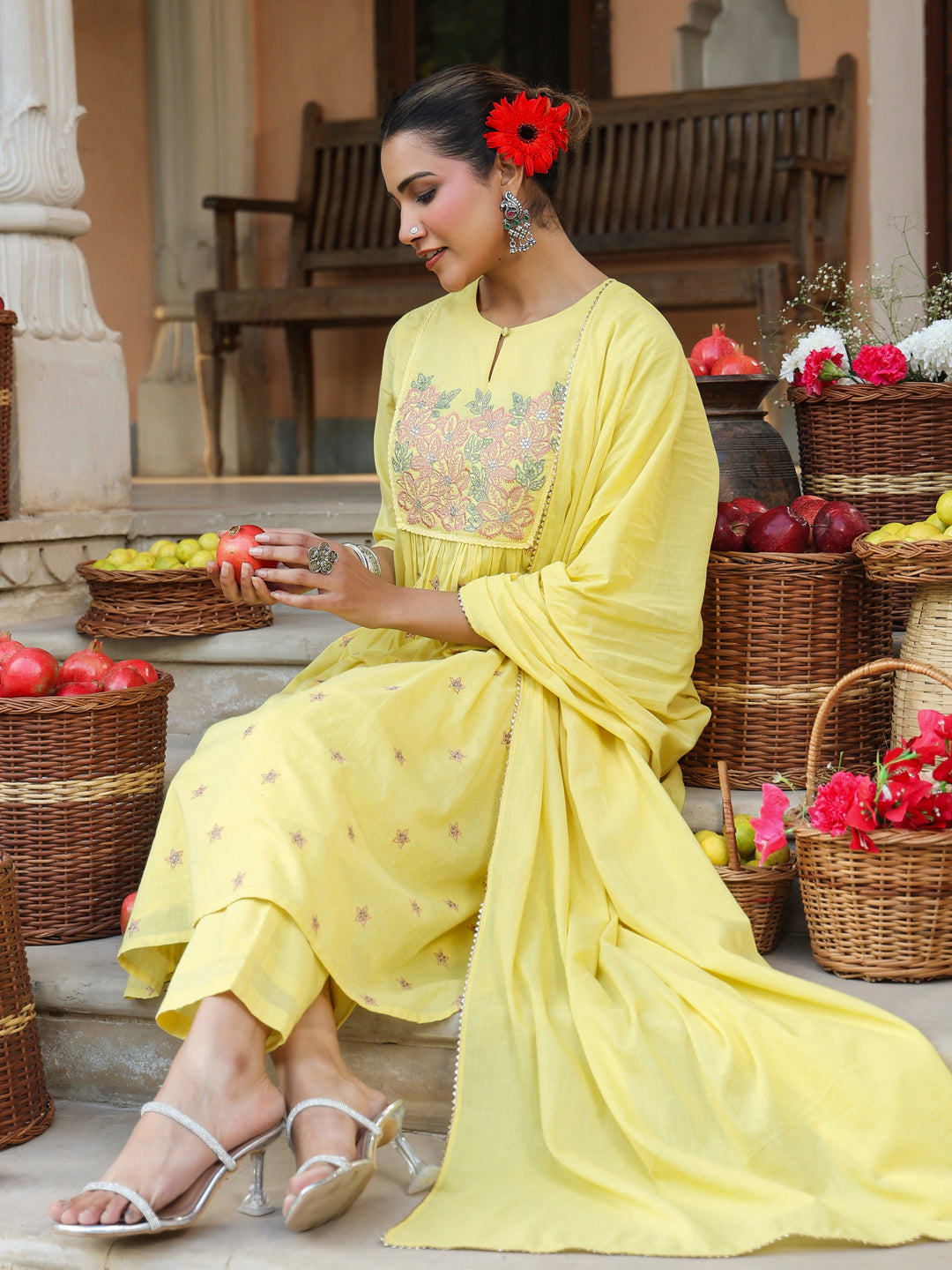 Naari By Shree Women's Yellow Pure Cotton Embroidered A-line Kurta Set
