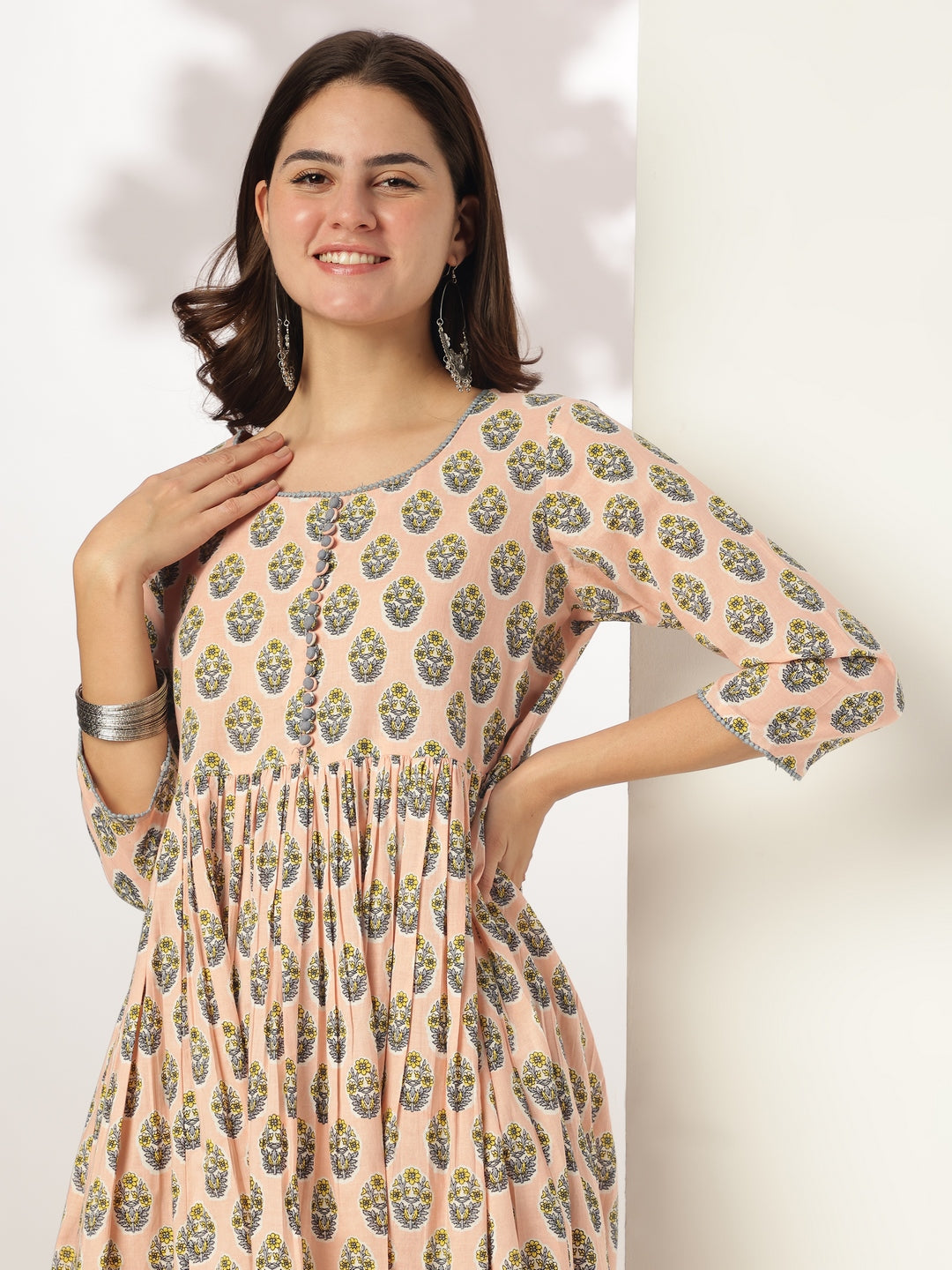 Naari By Shree Women's Peach Pure Cotton Floral Printed A-line Kurta Set