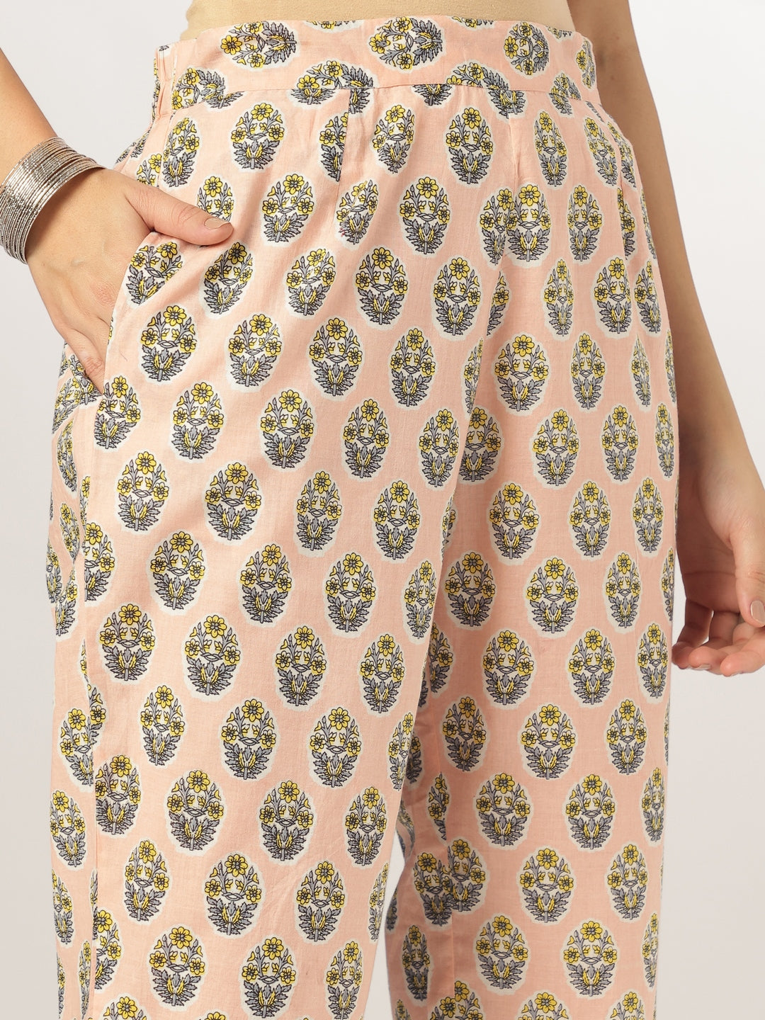 Naari By Shree Women's Peach Pure Cotton Floral Printed A-line Kurta Set