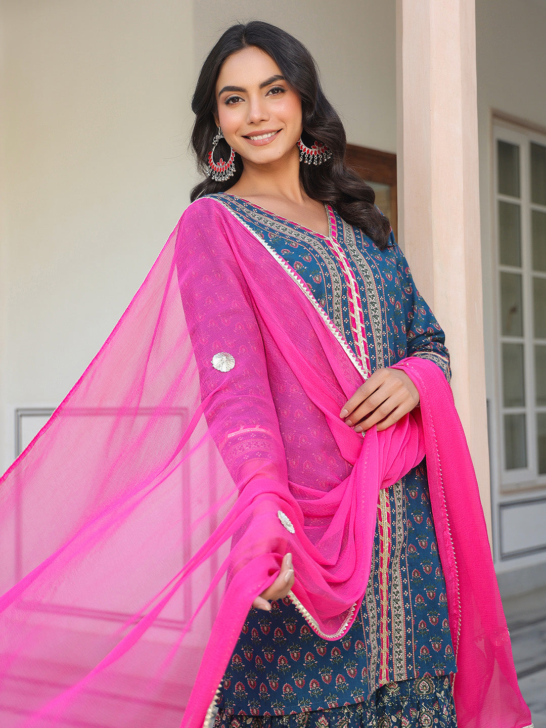 Naari By Shree Women's Dark Blue Pure Cotton Floral Printed Straight Kurta With Sharara & Dupatta Set