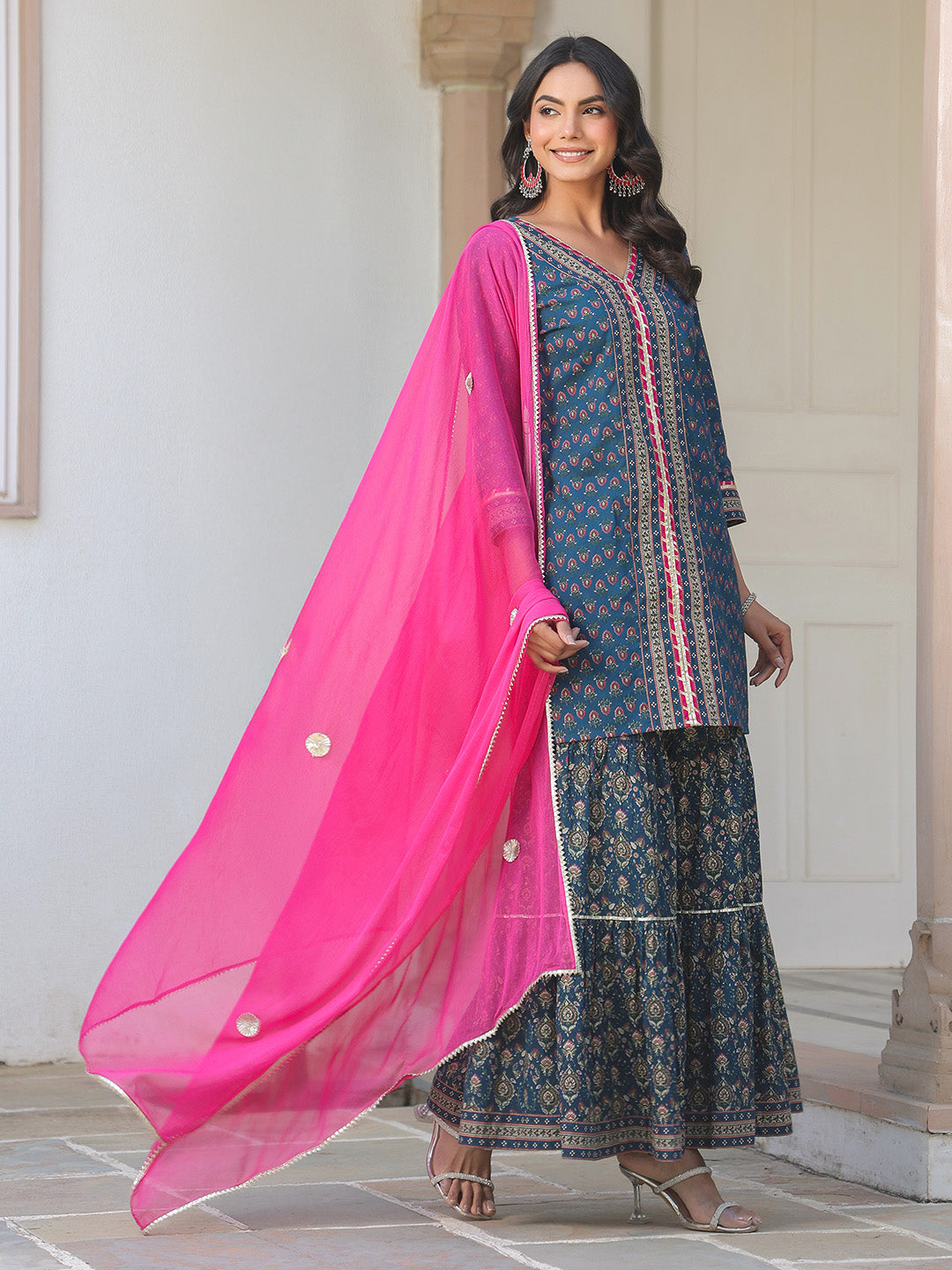 Naari By Shree Women's Dark Blue Pure Cotton Floral Printed Straight Kurta With Sharara & Dupatta Set