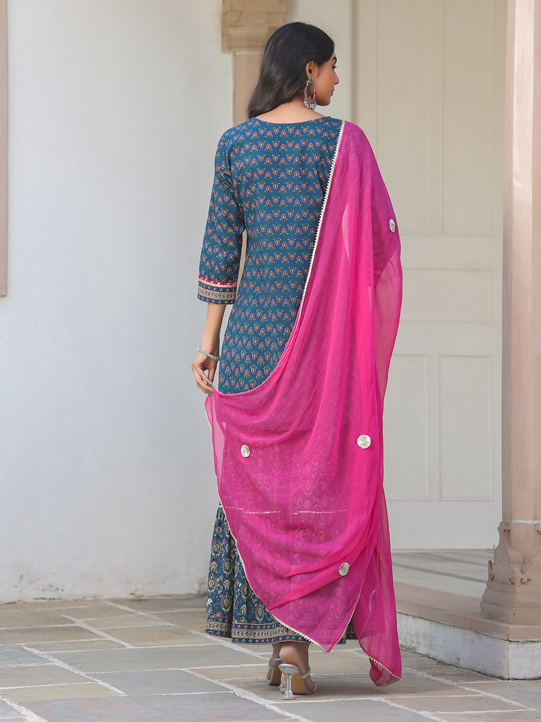 Naari By Shree Women's Dark Blue Pure Cotton Floral Printed Straight Kurta With Sharara & Dupatta Set