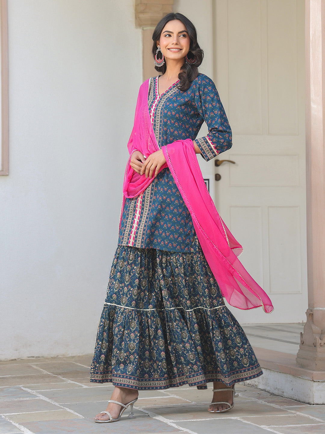 Naari By Shree Women's Dark Blue Pure Cotton Floral Printed Straight Kurta With Sharara & Dupatta Set