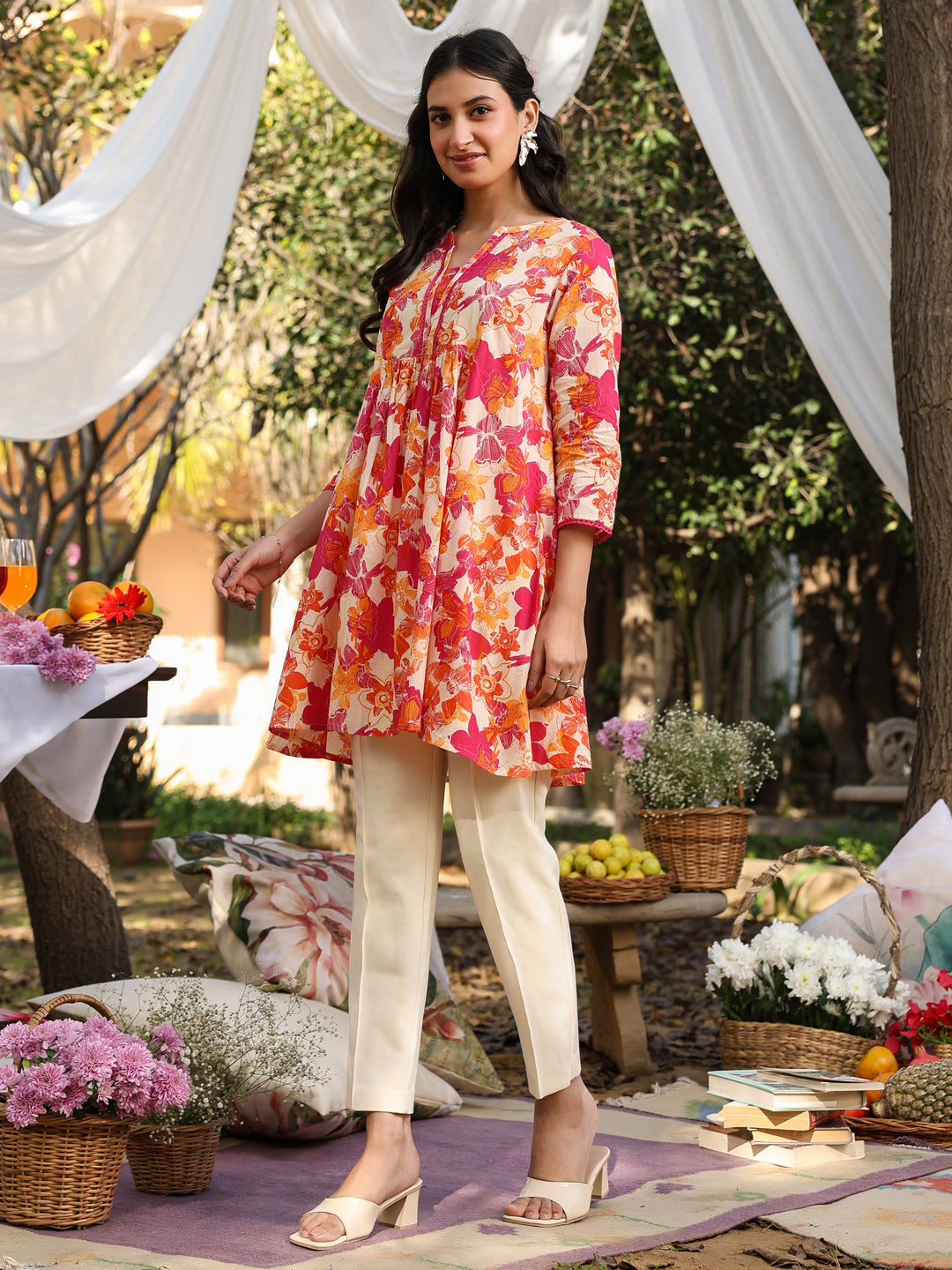 Naari By Shree Cream Pure Cotton Floral Printed A-Line Tunic