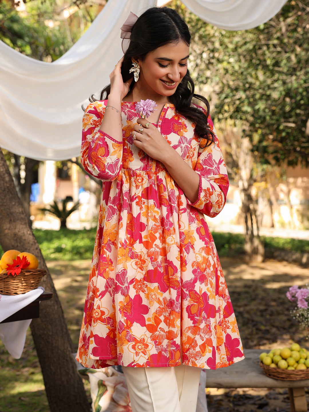 Naari By Shree Cream Pure Cotton Floral Printed A-Line Tunic