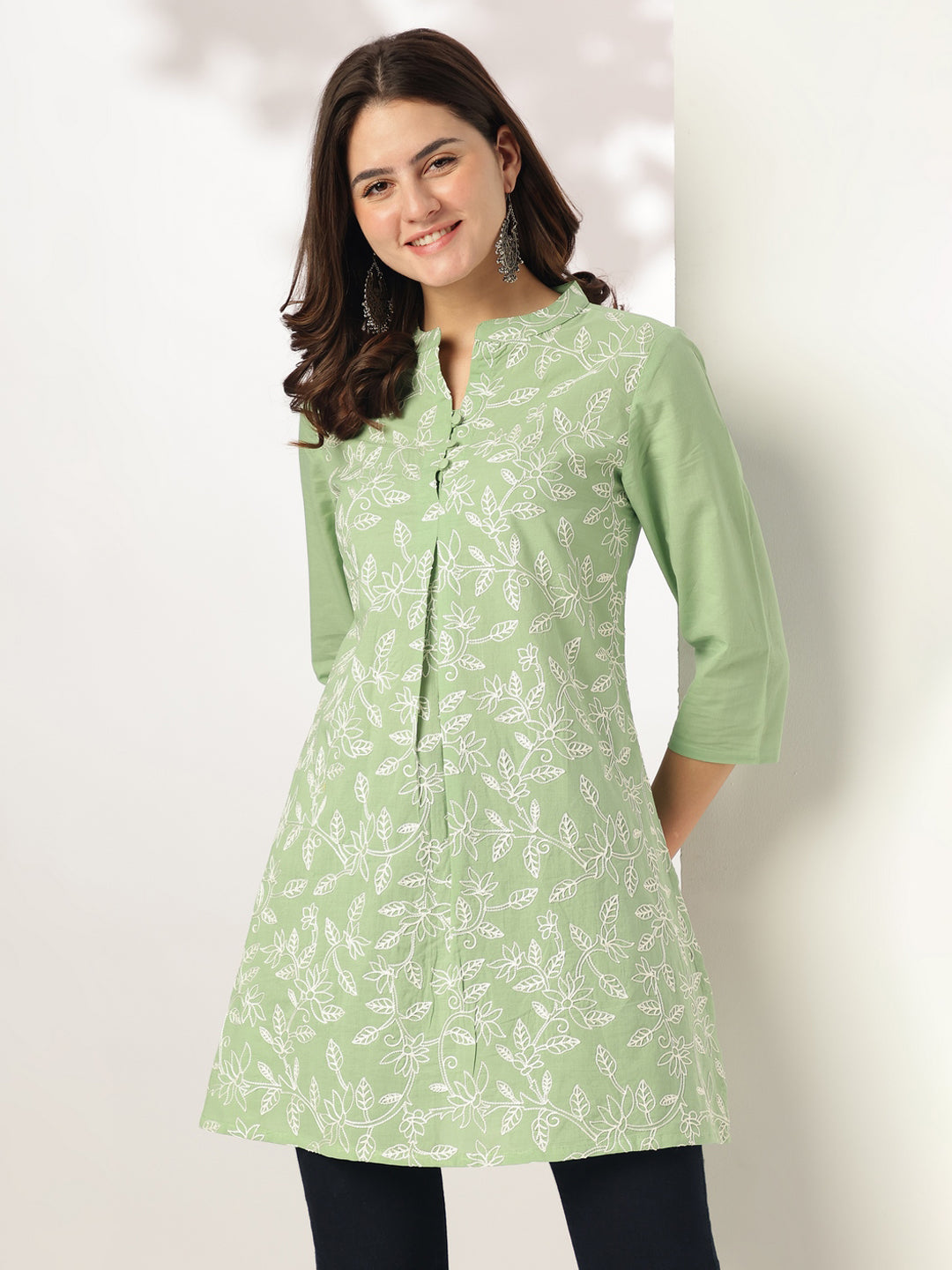 Naari By Shree Light Green Pure Cotton Embroidered A-line Tunic