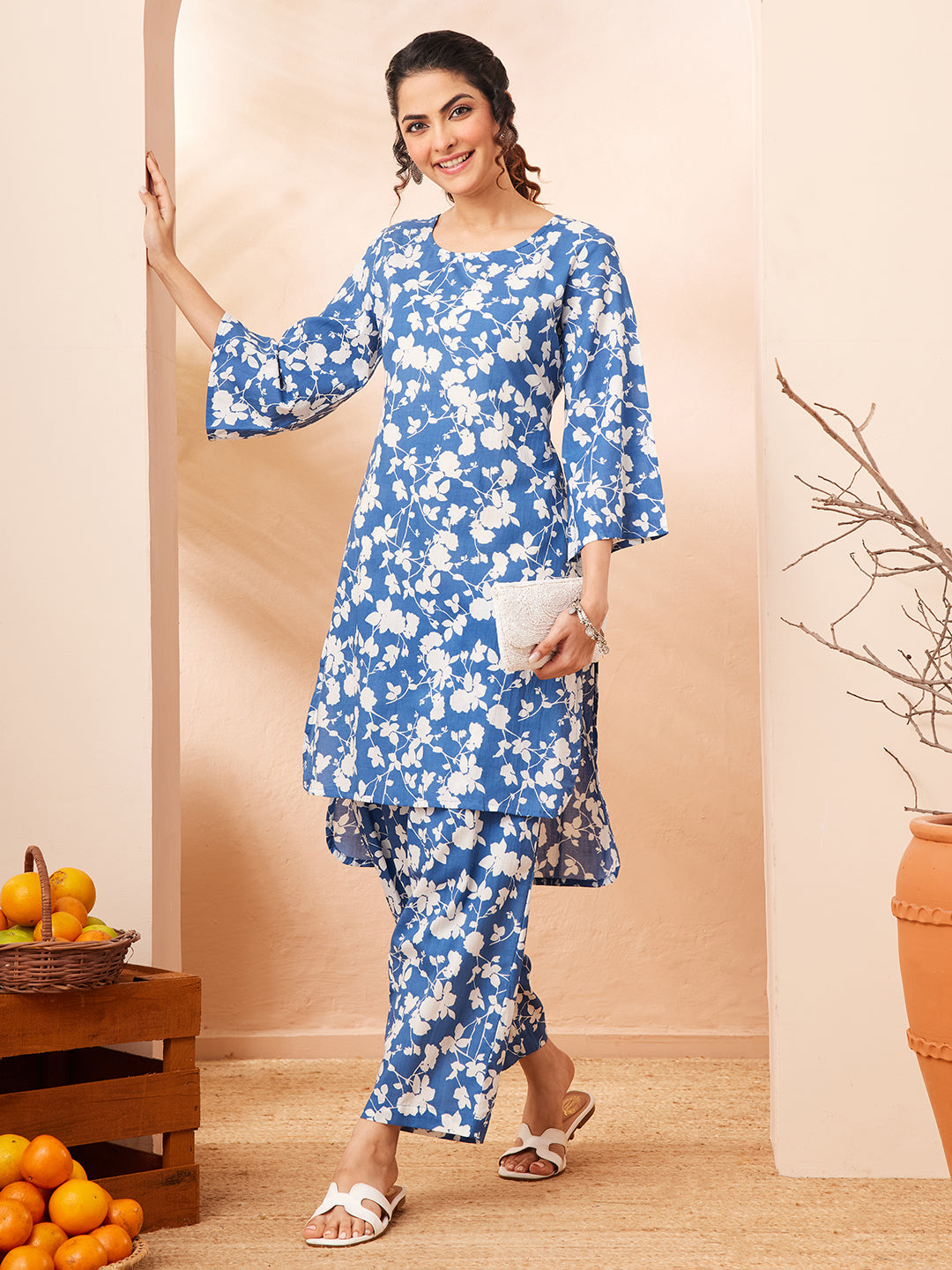 Naari By Shree Women's Blue Pure Cotton Floral Printed Straight Co-ord Set