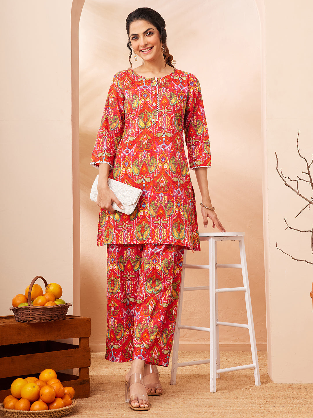 Naari By Shree Women's Multi Pure Cotton Ikkat Printed Straight Co-ord Set