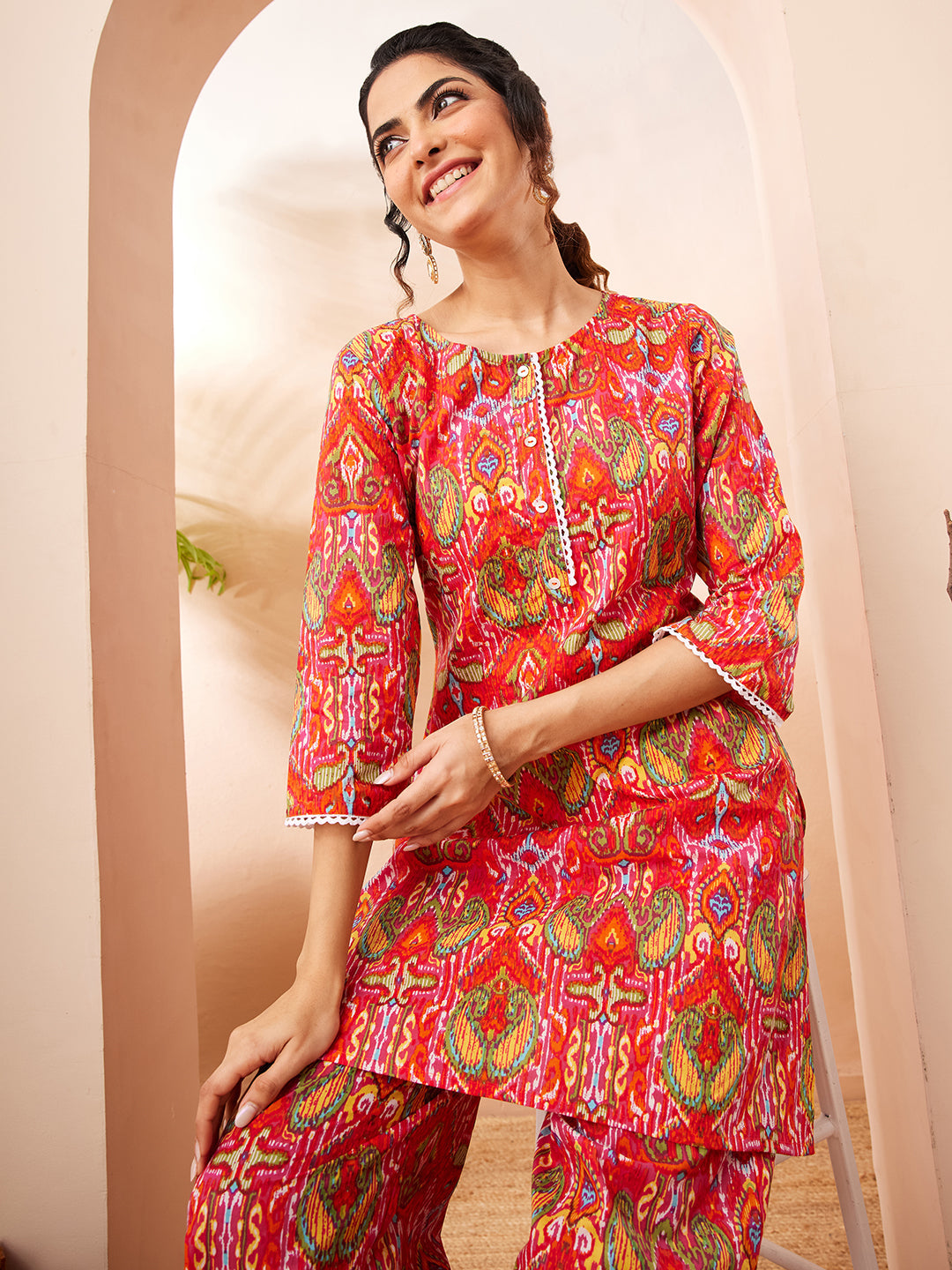 Naari By Shree Women's Multi Pure Cotton Ikkat Printed Straight Co-ord Set