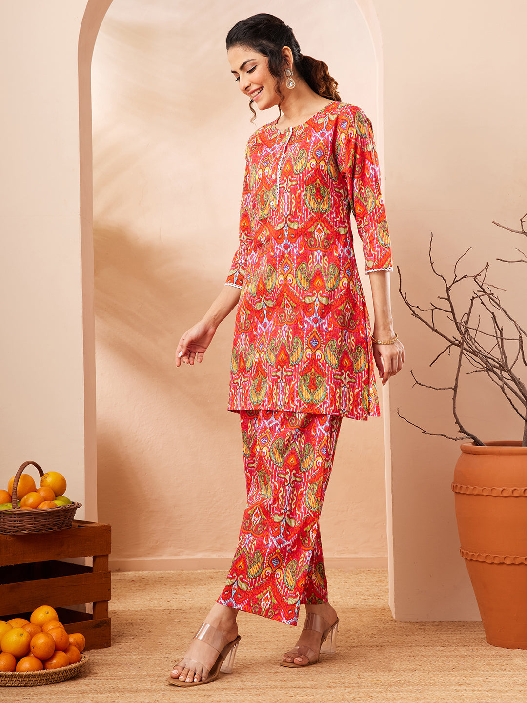 Naari By Shree Women's Multi Pure Cotton Ikkat Printed Straight Co-ord Set