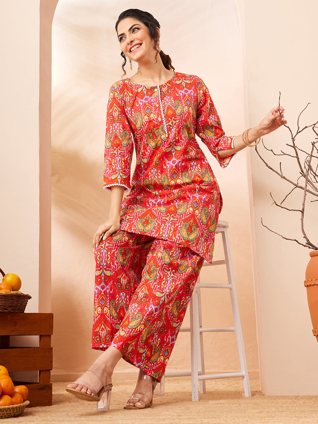 Naari By Shree Women's Multi Pure Cotton Ikkat Printed Straight Co-ord Set