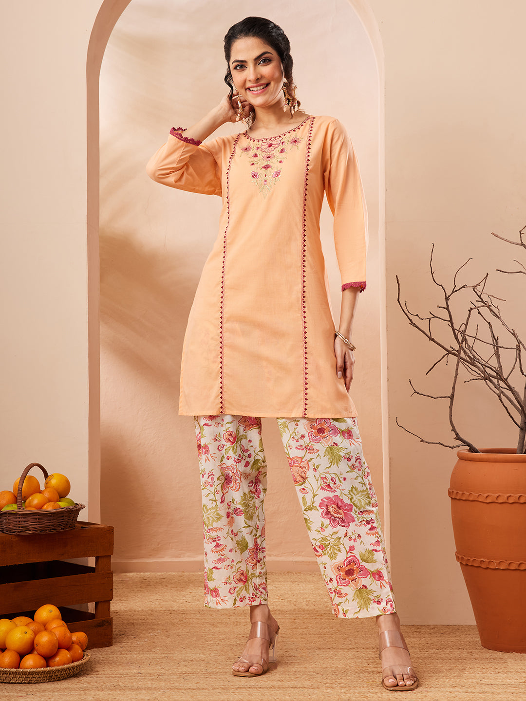 Naari By Shree Women's Peach Pure Cotton Yoke Embroidered Straight Co-ord Set