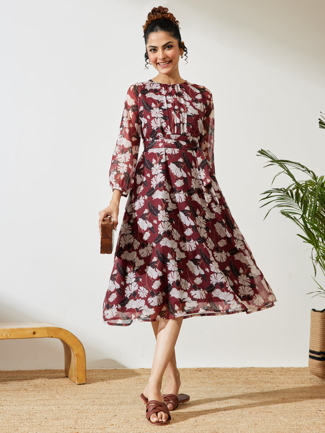 Naari By Shree Women's Brown Chiffon Floral Printed A-line Gathered Dress