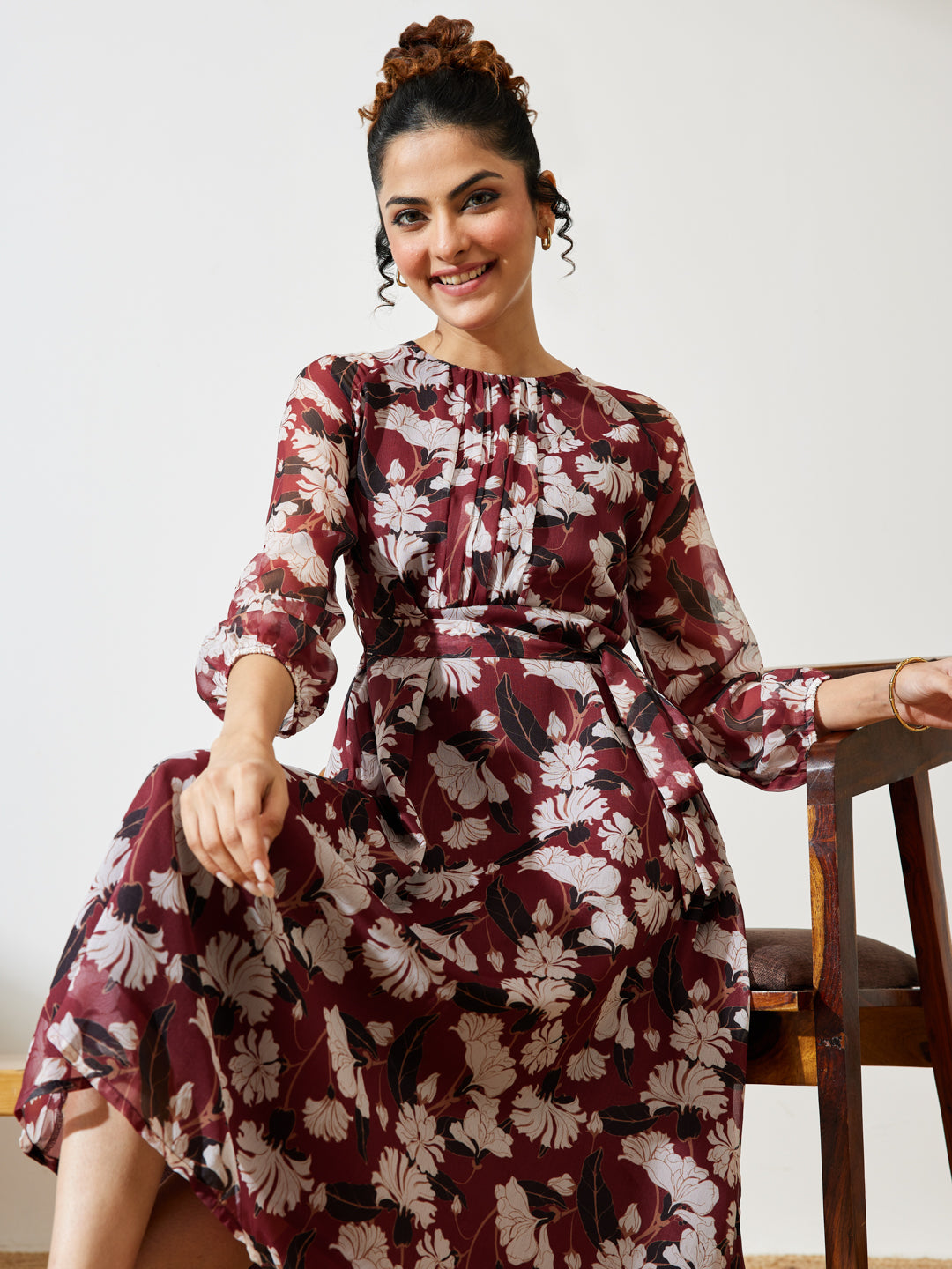 Naari By Shree Women's Brown Chiffon Floral Printed A-line Gathered Dress