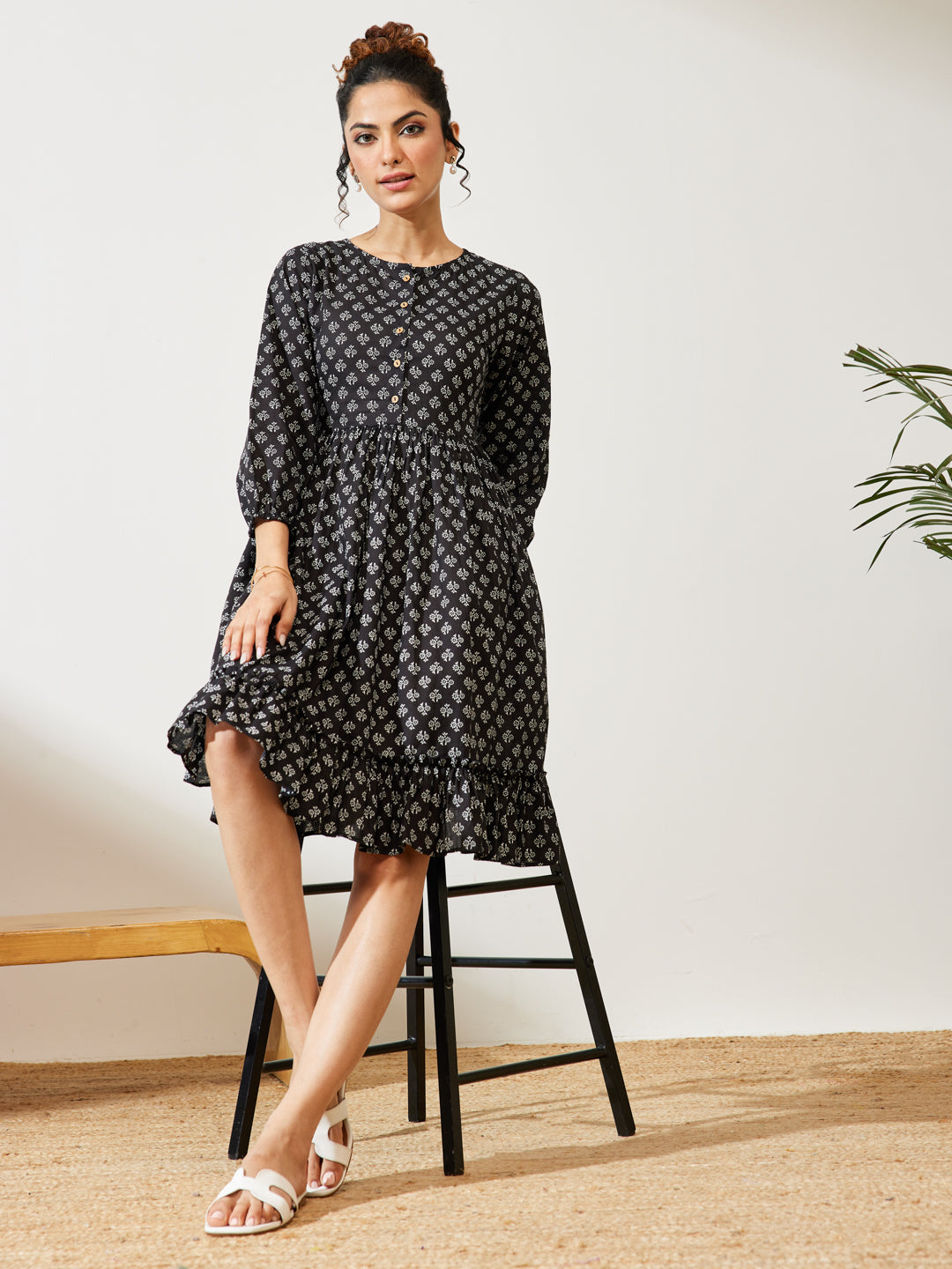 Naari By Shree Women's Black Pure Cotton Floral Printed A-line Dress