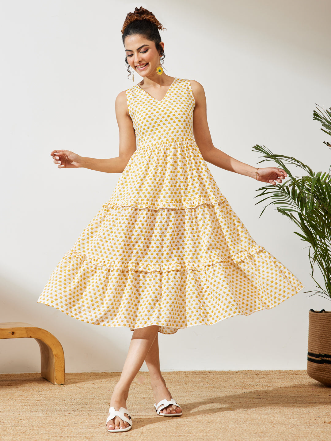 Naari By Shree Women's Yellow Pure Cotton Floral Printed Tiered Dress