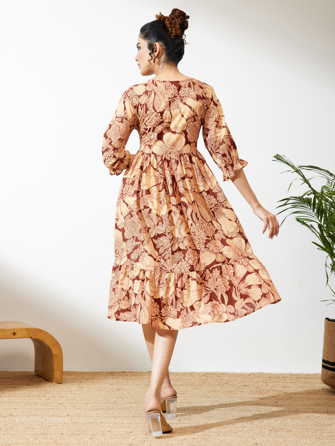 Naari By Shree Women's Maroon Pure Cotton Floral Printed Flared Dress