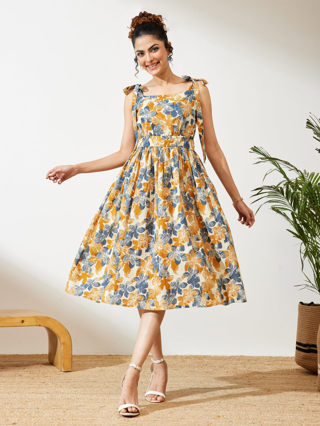 Naari By Shree Women's Cream Pure Cotton Floral Printed Fit & Flare Dress