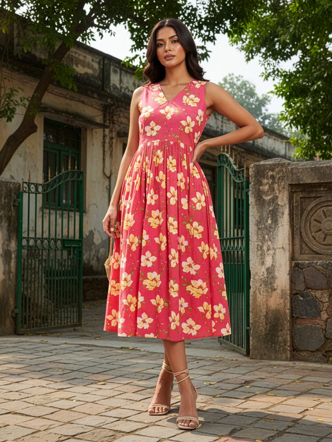 Naari By Shree Women's Pink Pure Cotton Floral Printed A-line Dress