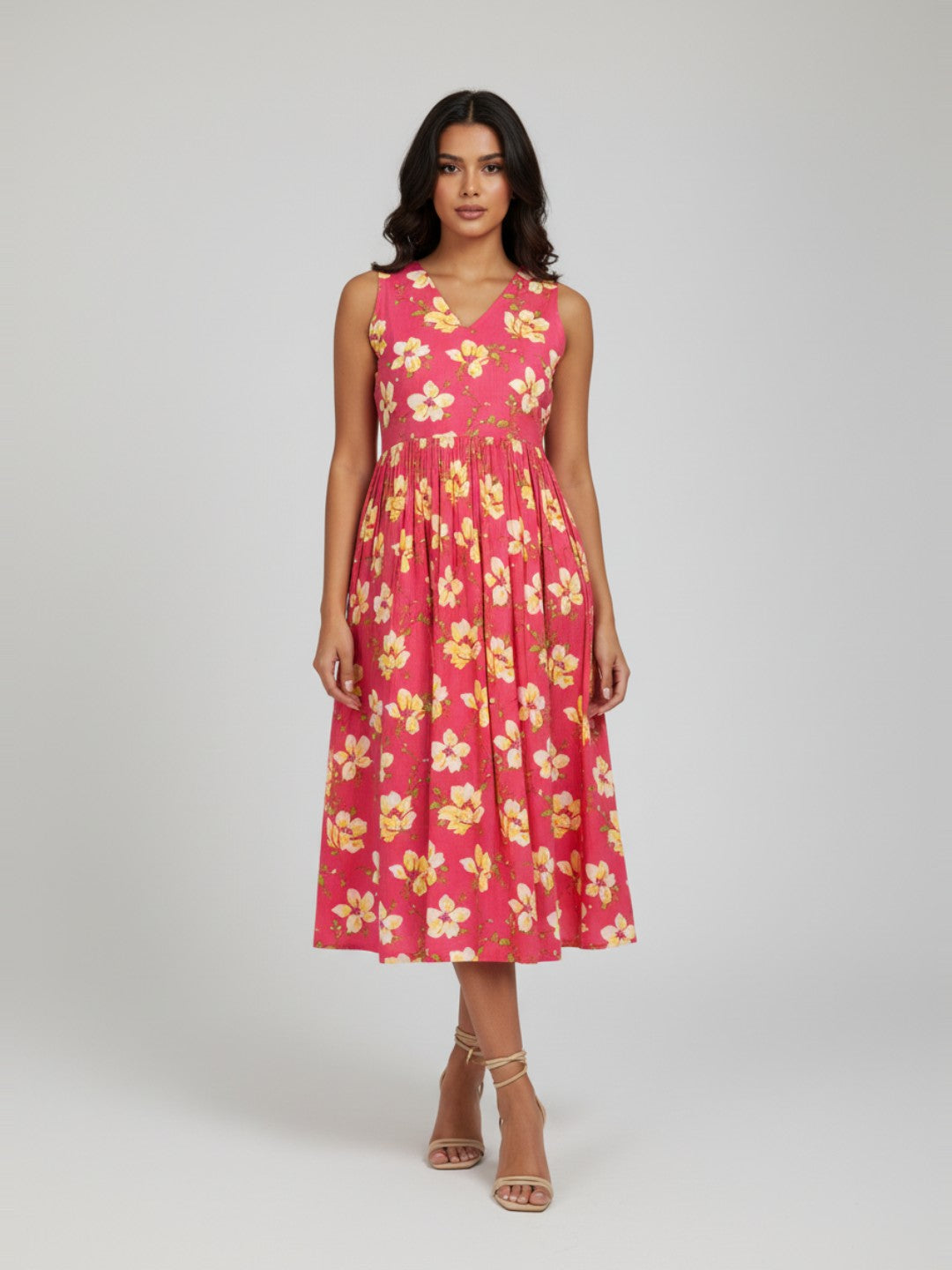 Naari By Shree Women's Pink Pure Cotton Floral Printed A-line Dress