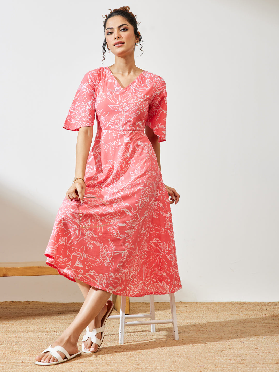 Naari By Shree Women's Peach Cotton Floral Printed A-line Dress