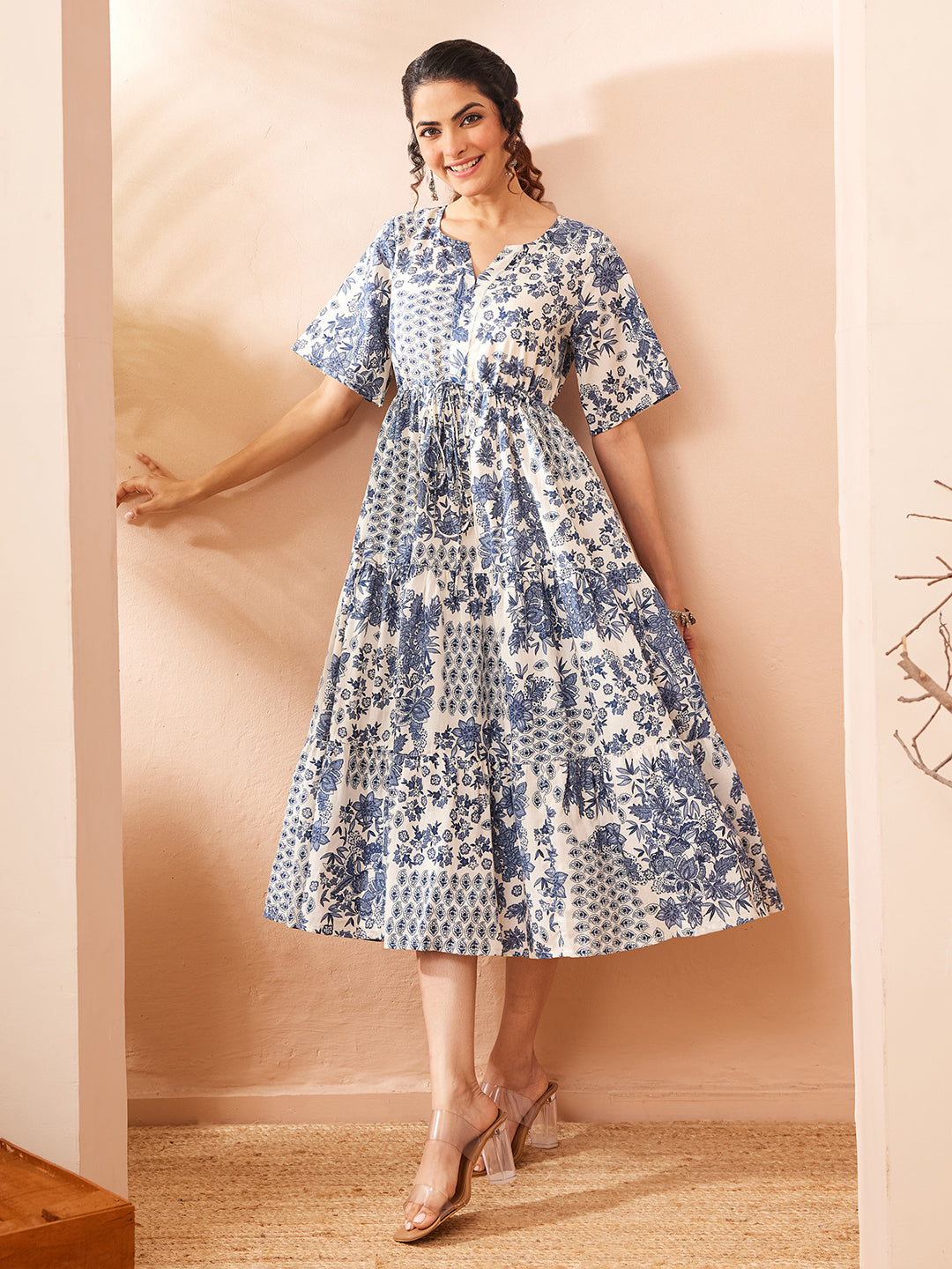 Naari By Shree Women's Blue Pure Cotton Floral Printed Fit & Flare Dress