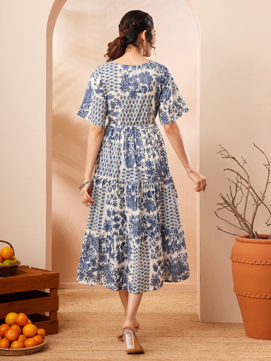 Naari By Shree Women's Blue Pure Cotton Floral Printed Fit & Flare Dress