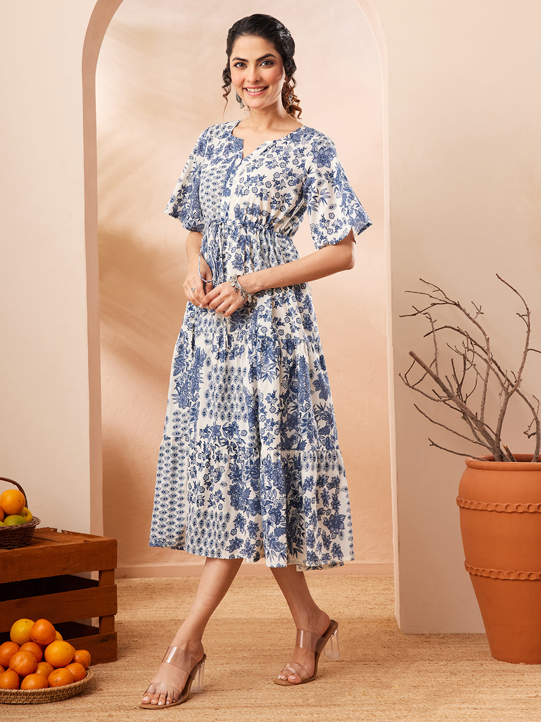 Naari By Shree Women's Blue Pure Cotton Floral Printed Fit & Flare Dress
