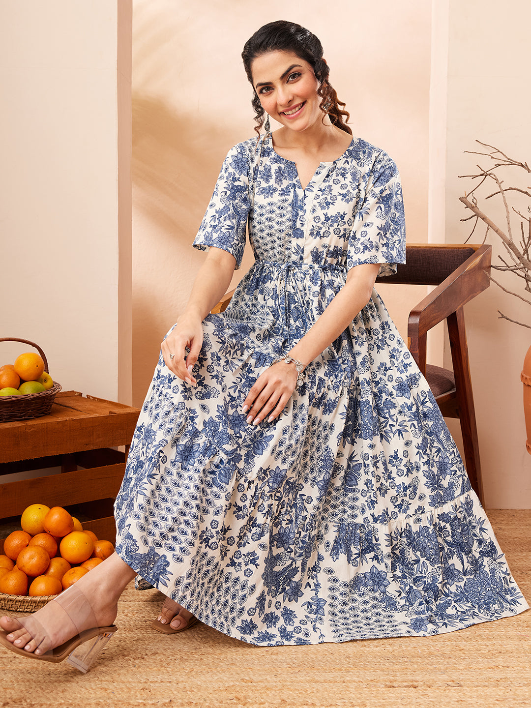 Naari By Shree Women's Blue Pure Cotton Floral Printed Fit & Flare Dress