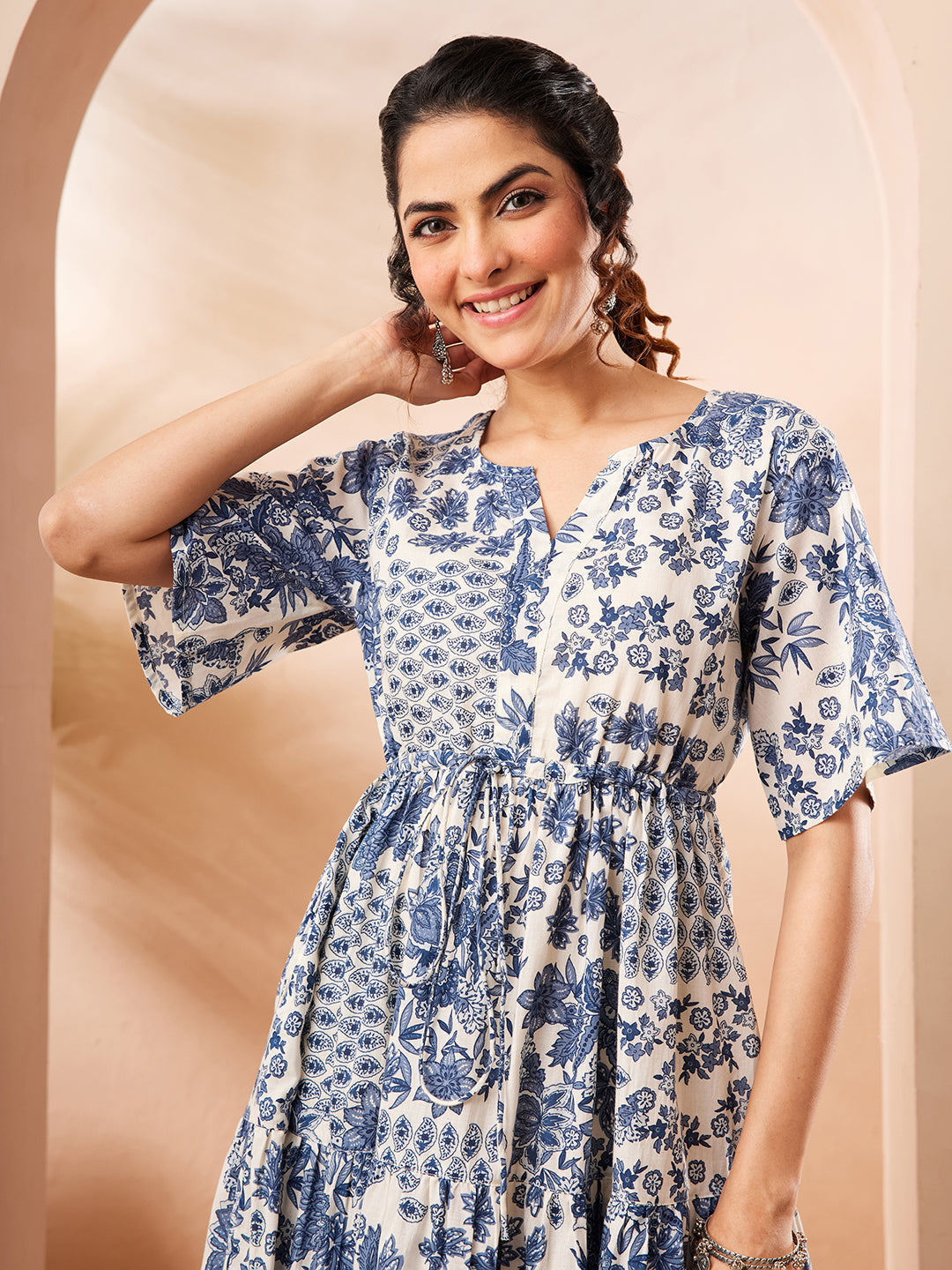 Naari By Shree Women's Blue Pure Cotton Floral Printed Fit & Flare Dress