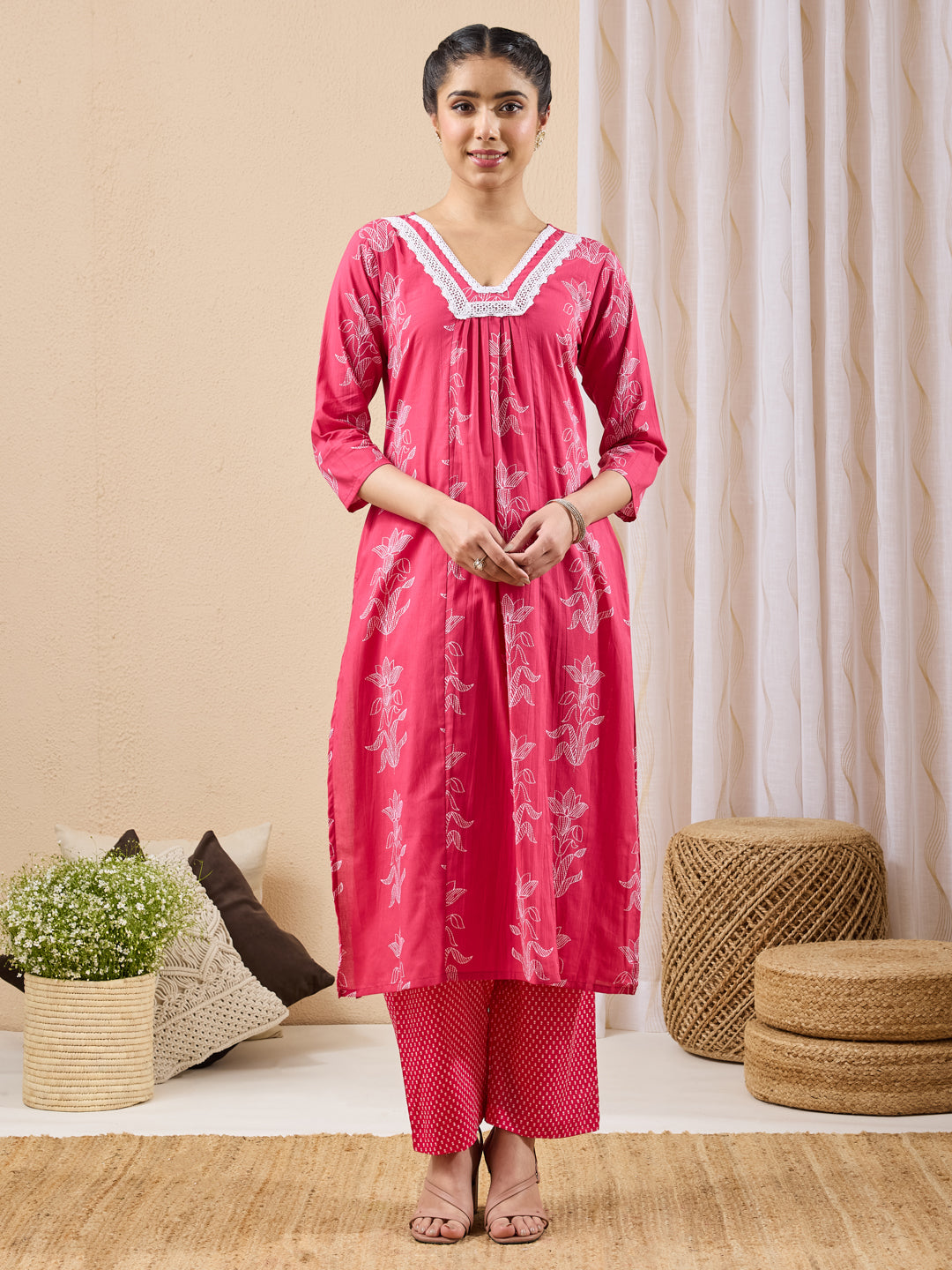 Naari By Shree Women's Pink Pure Cotton Floral Printed A-line Kurta Pant Set
