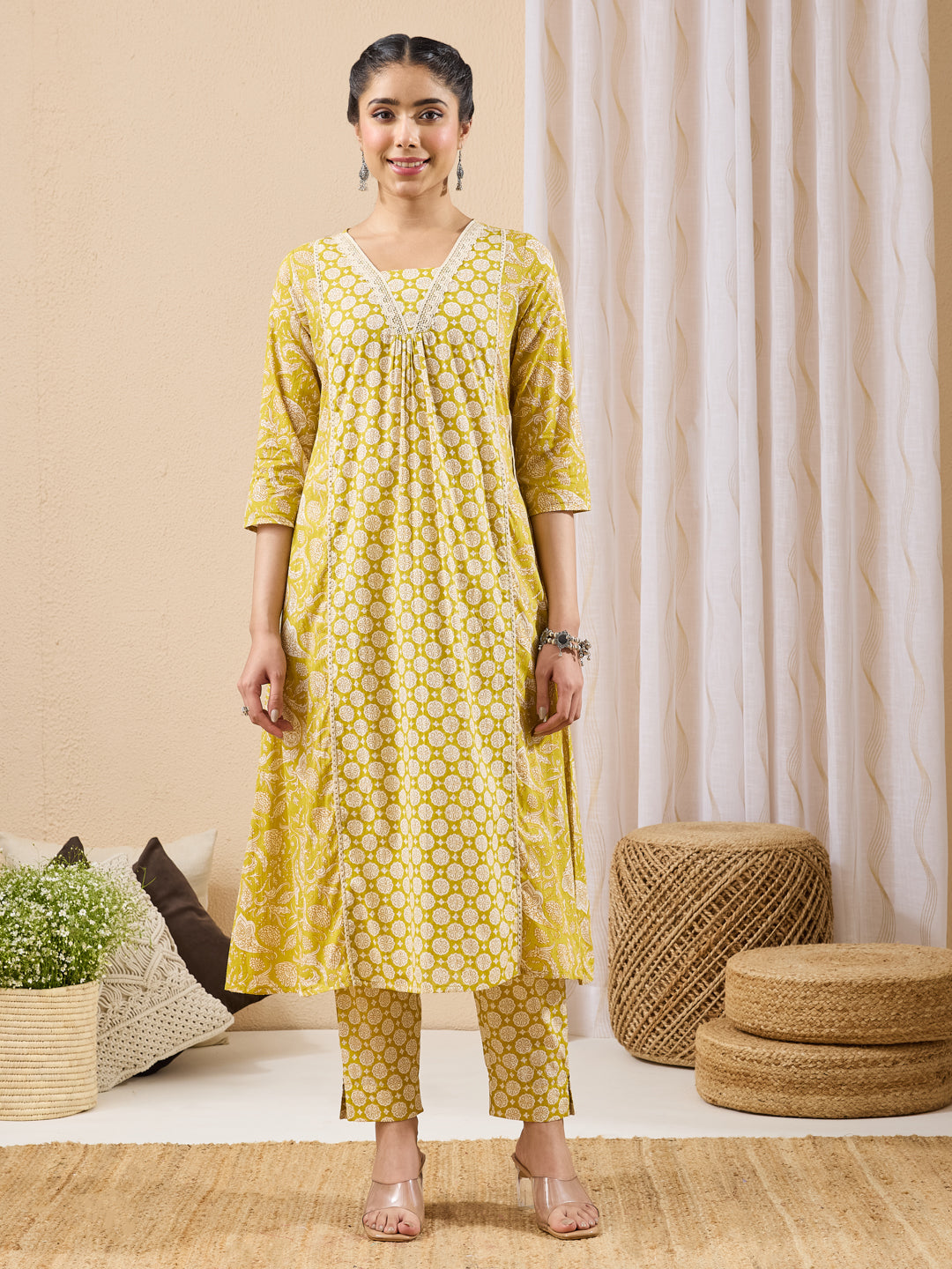 Naari By Shree Women's Lime Yellow Pure Cotton Floral Printed A-line Kurta Pant Set