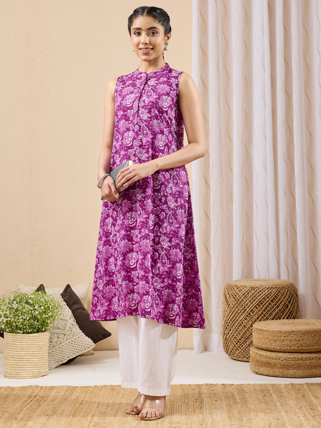 Naari By Shree Women's Purple Pure Cotton Floral Printed A-line Kurta