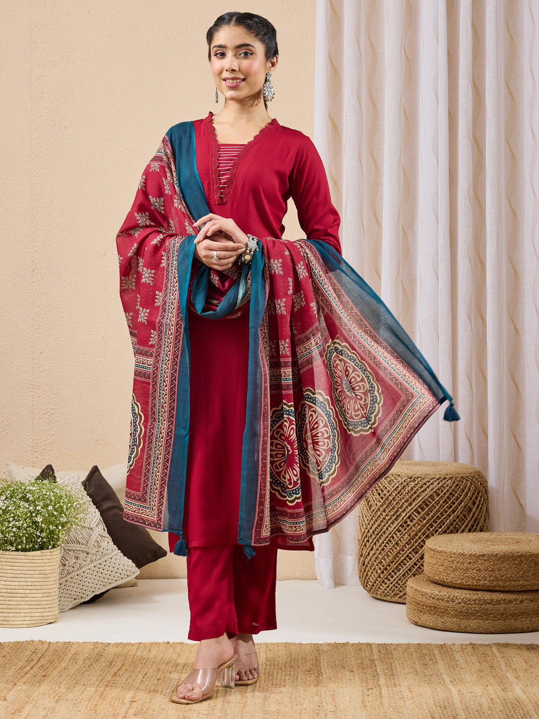 Naari By Shree Women's Maroon Rayon Yoke Design Straight Kurta Set With Printed Dupatta