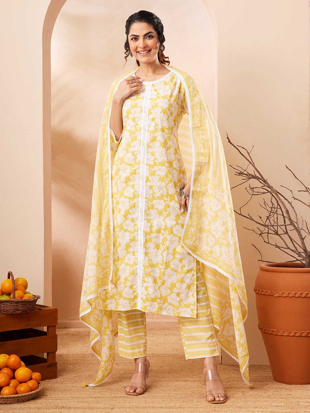 Naari By Shree Women's Yellow Pure Cotton Floral Printed Straight Kurta Set