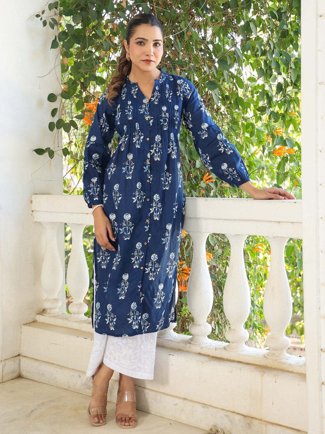 Naari By Shree Indigo Pure Cotton Floral Printed Pleated Kurta