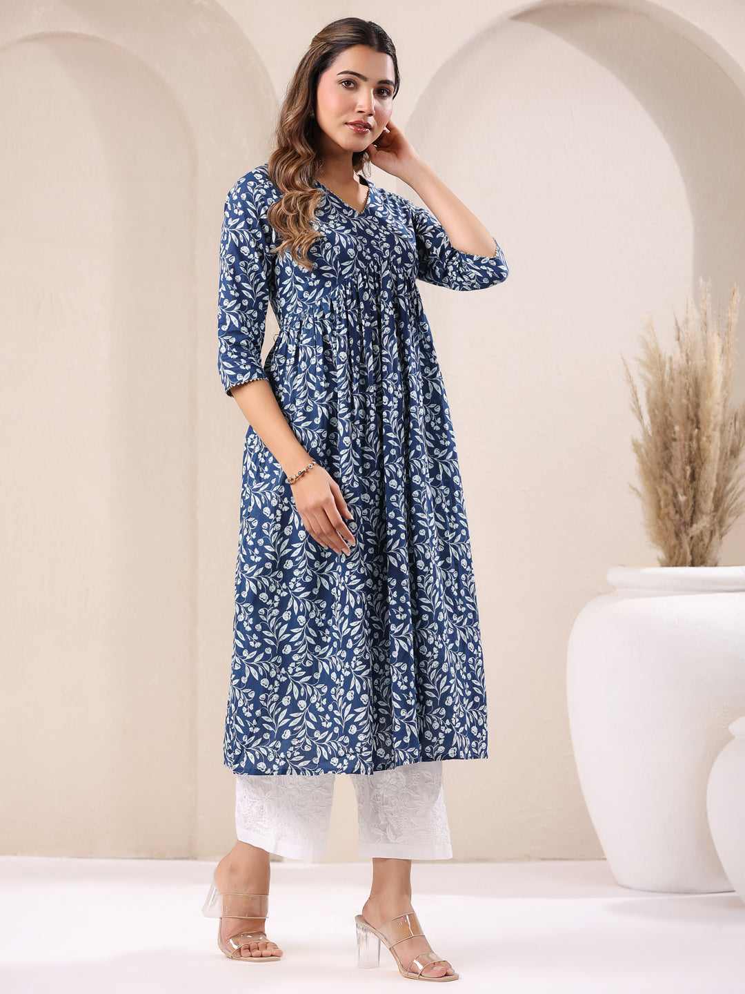 Naari By Shree Blue Pure Cotton Floral Printed A-Line Kurta