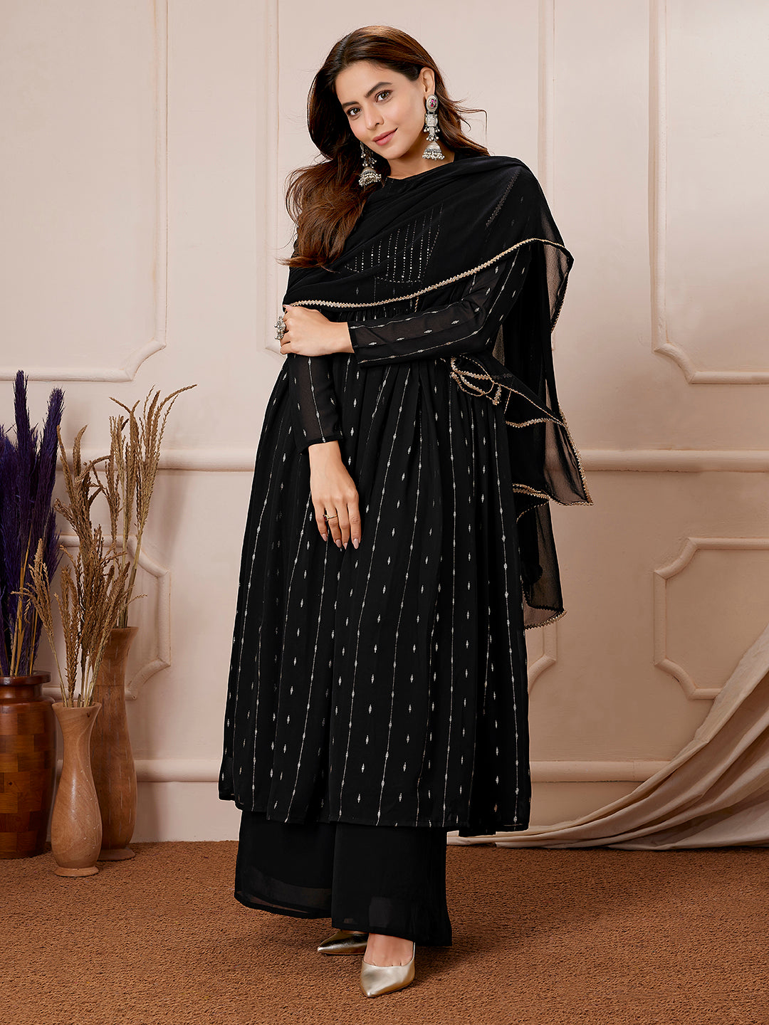 Naari By Shree Black Georgette Foil Printed Anarkali Kurta Set