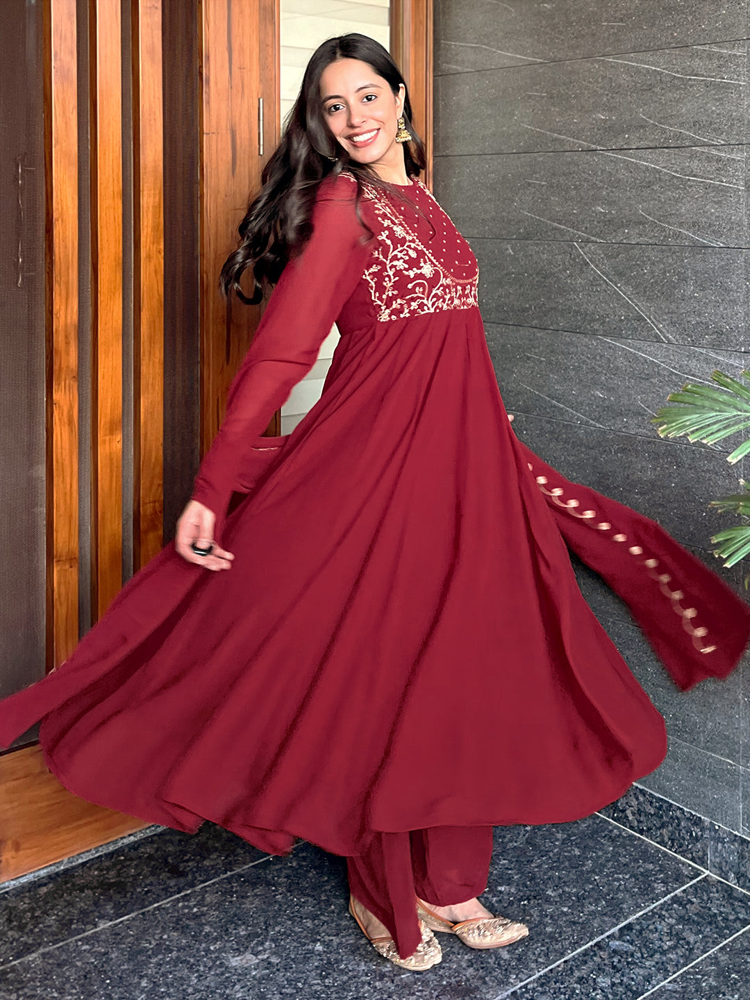 Naari By Shree Maroon Georgette Embroidered Anarkali Kurta Set