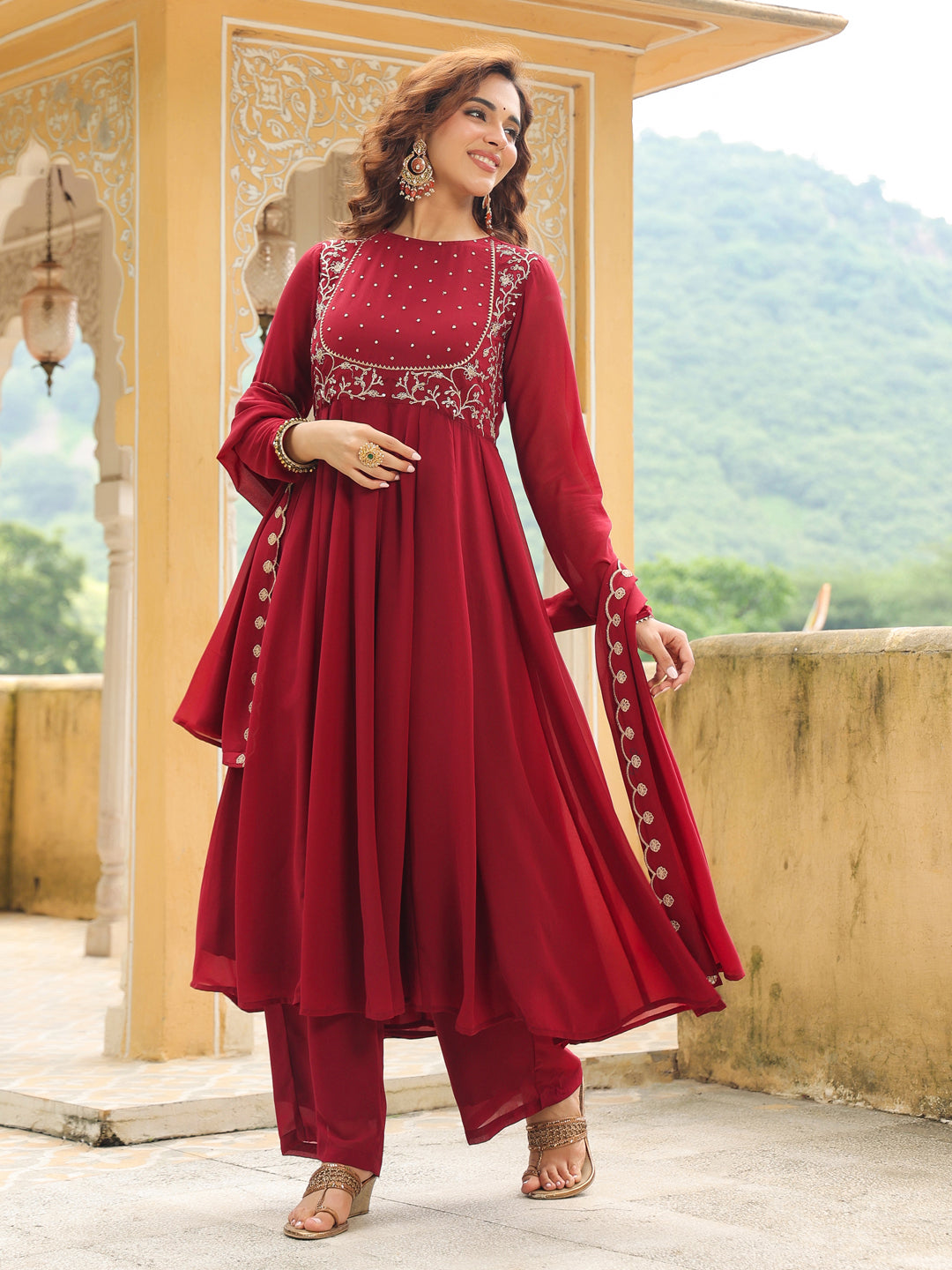 Naari By Shree Maroon Georgette Embroidered Anarkali Kurta Set