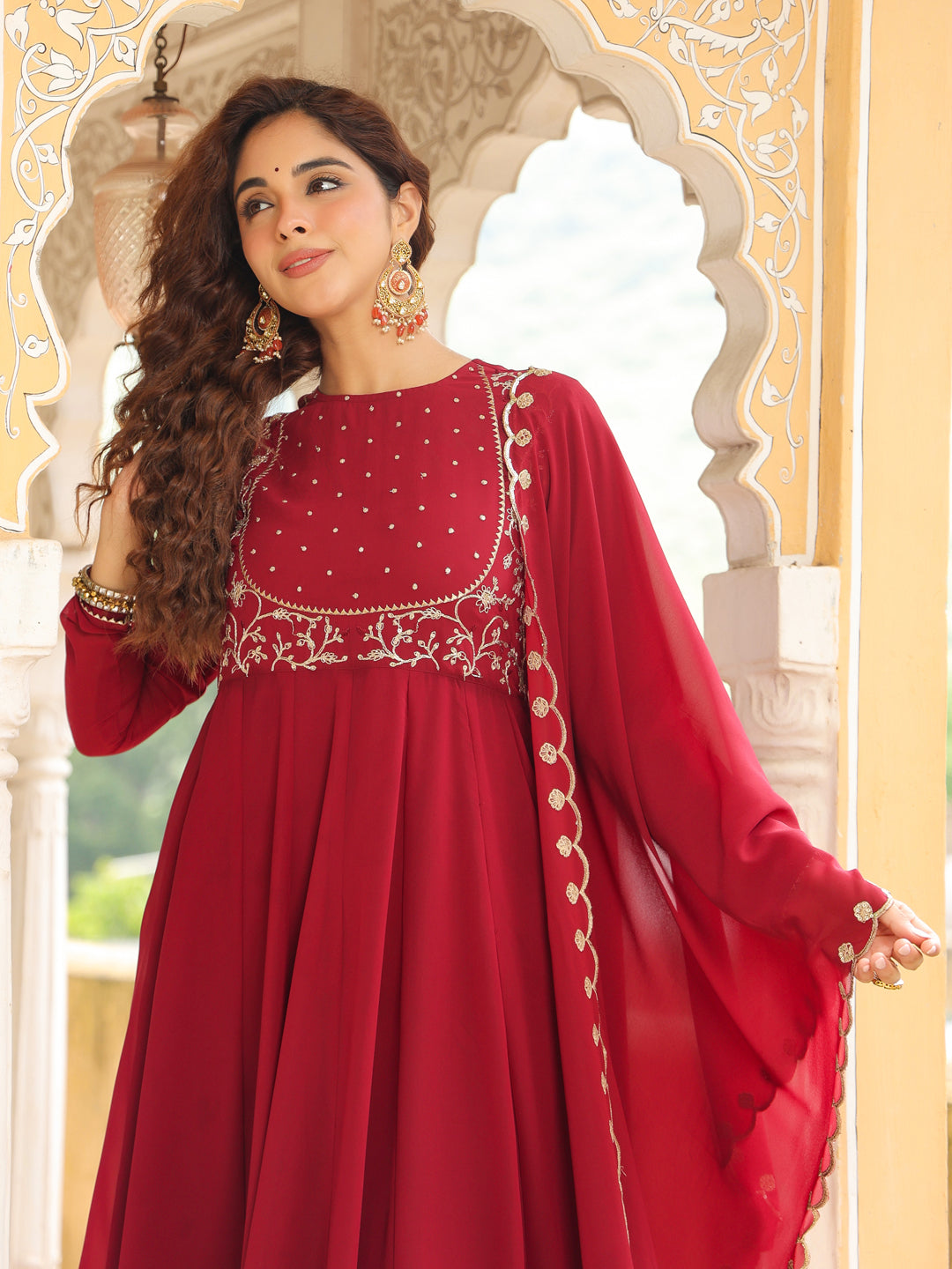 Naari By Shree Maroon Georgette Embroidered Anarkali Kurta Set