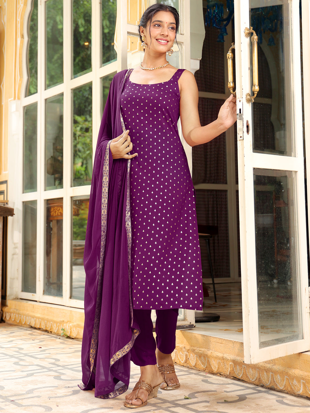 Naari By Shree Purple Rayon Foil Printed Straight Kurta Set